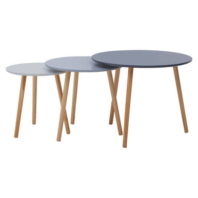 Set of 3 Grey Wooden Round Tables with Natural Wood Legs | Nostra