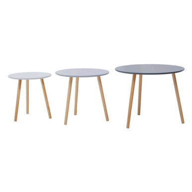 Set of 3 Grey Wooden Round Tables with Natural Wood Legs | Nostra