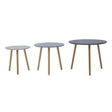 Set of 3 Grey Wooden Round Tables with Natural Wood Legs | Nostra