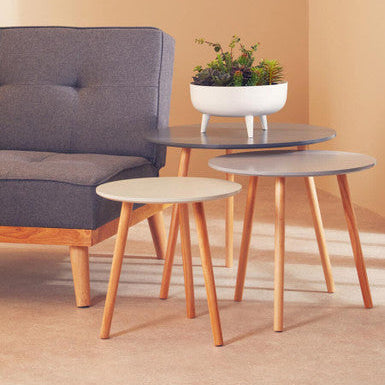 Set of 3 Grey Wooden Round Tables with Natural Wood Legs | Nostra