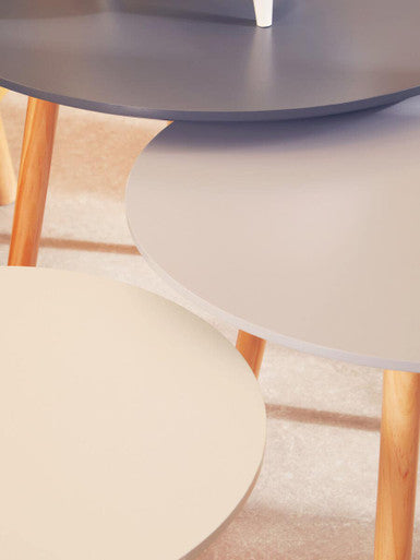 Set of 3 Grey Wooden Round Tables with Natural Wood Legs | Nostra