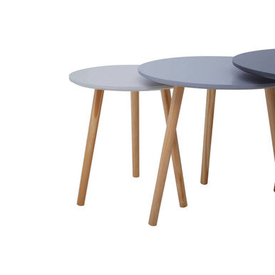 Set of 3 Grey Wooden Round Tables with Natural Wood Legs | Nostra