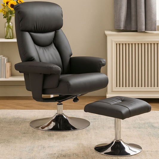 Denton Black Leather Effect Reclining Chair And Footstool
