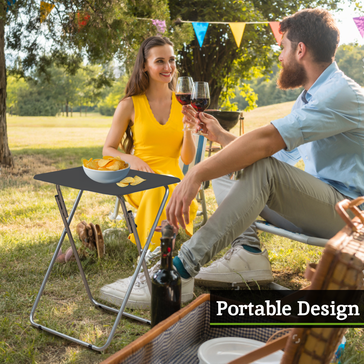 Black Wooden Top Folding Table with Silver Frame, Bernie