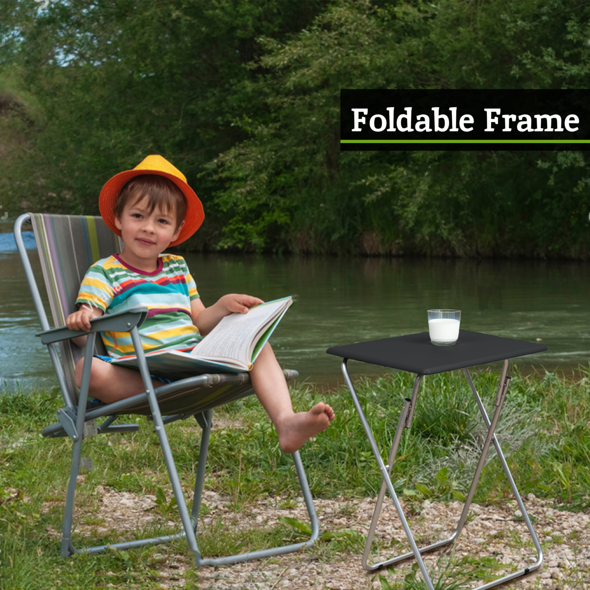 Black Wooden Top Folding Table with Silver Frame, Bernie