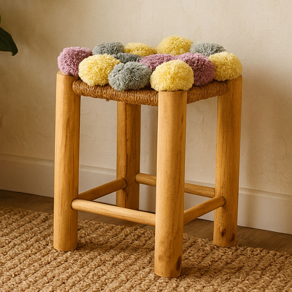 West Village Grey Beige And Pink Pom Pom Stool