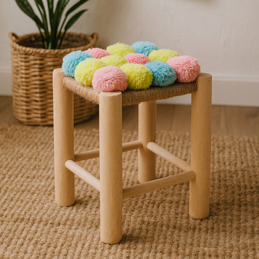 West Village Pink Blue And Yellow Pom Pom Stool
