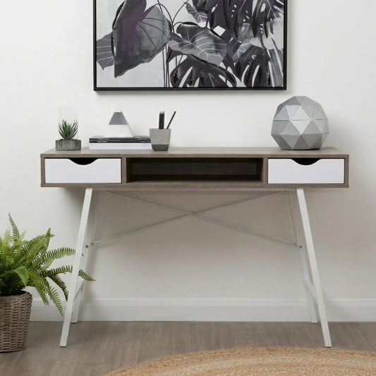 Light Oak Veneer Effect 2 Drawer Desk in White Finish Frame, Bradbury