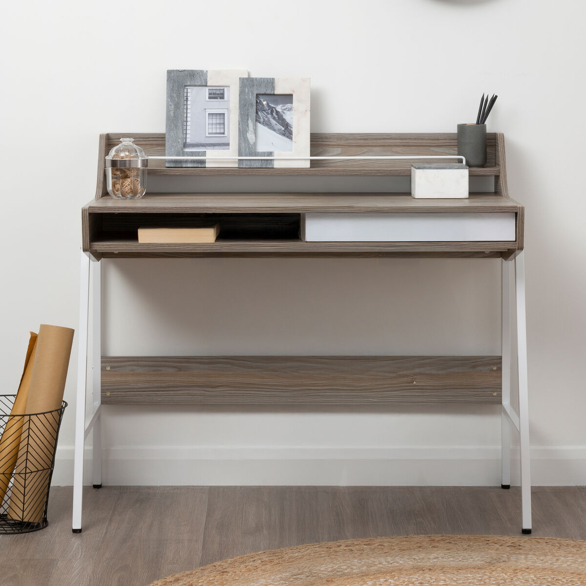 Light Oak Veneer Effect One Drawer Desk, Bradbury