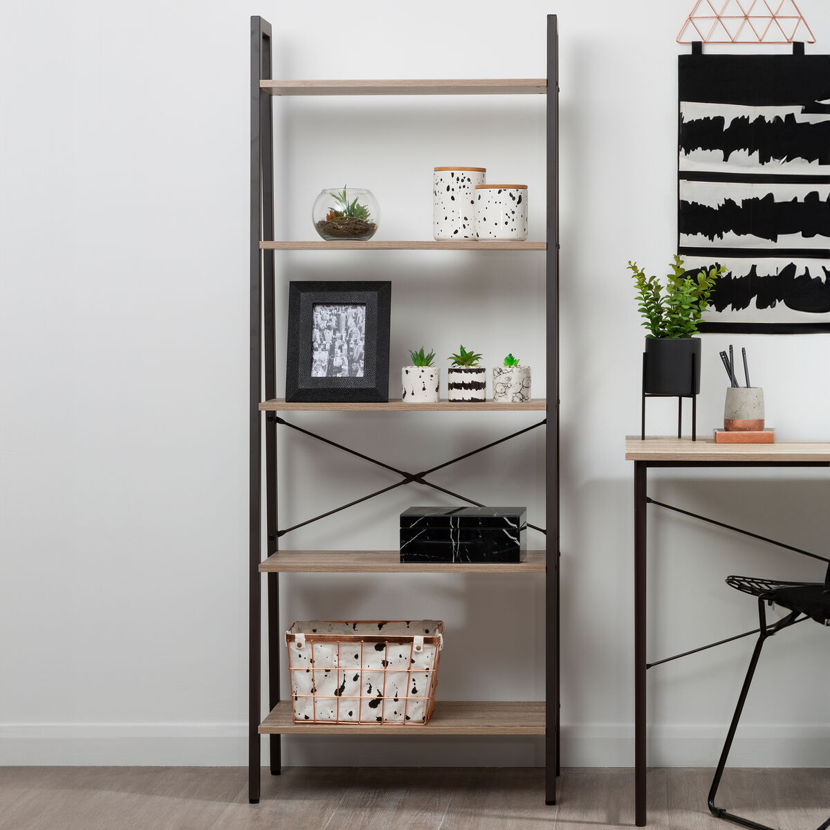 Five Tier Grey Oak Veneer Ladder Shelf Unit | Bradbury