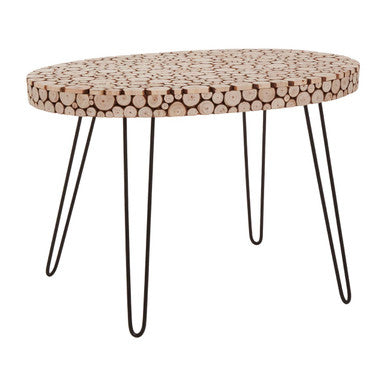 Natural Fir Wood Disc Mosaic Oval Coffee Table with Black Metal Hairpin Legs | Lacuna