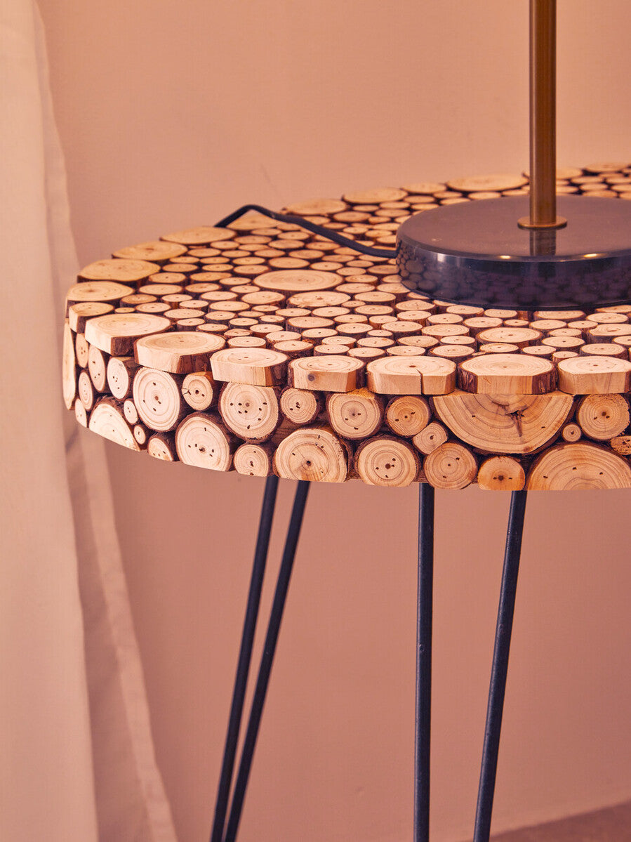 Natural Fir Wood Disc Mosaic Oval Coffee Table with Black Metal Hairpin Legs | Lacuna