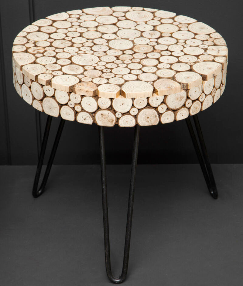 Natural Fir Wood Disc Mosaic Round Coffee Table with Black Metal Hairpin Legs | Lacuna