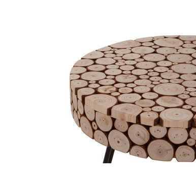 Natural Fir Wood Disc Mosaic Round Coffee Table with Black Metal Hairpin Legs, Lacuna