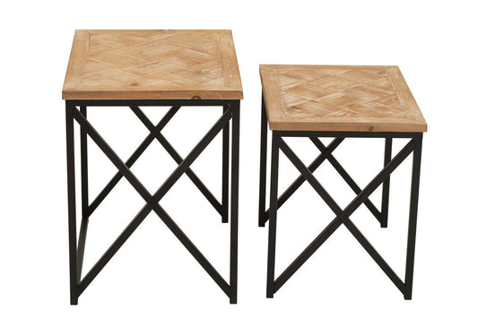 Natural Parquet Fir Wood Set of Two Nesting Tables with Black Metal Frame, Kickford