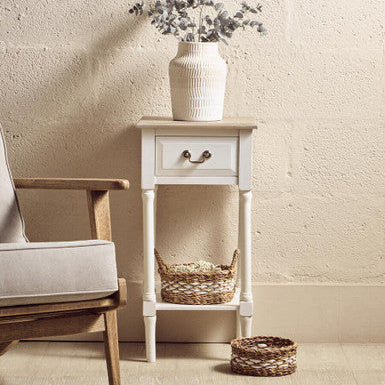 Natural Wood Frame and White 1 Drawer Pine Wood Side Table with Lower Storage Shelf, Heritage
