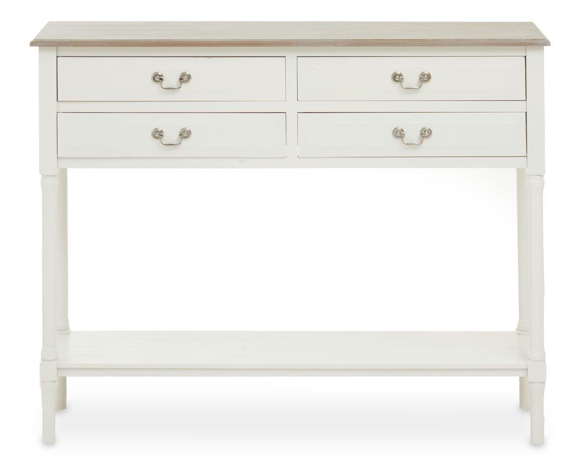 Natural Wooden Frame and White 4 Drawer Wooden Side Table with Lower Storage Shelf, Heritage