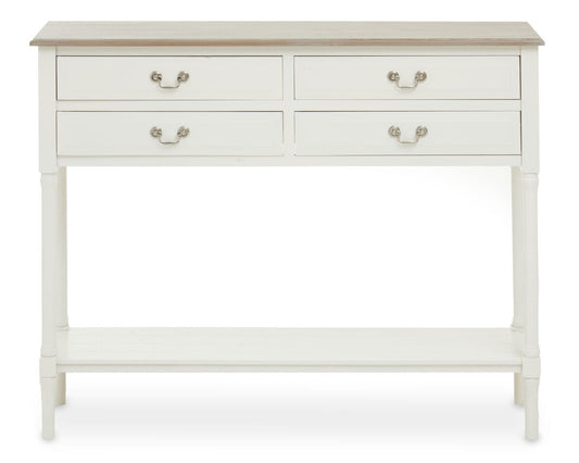 Natural Wood Frame and White 4 Drawer Pine Wood Side Table with Lower Storage Shelf, Heritage