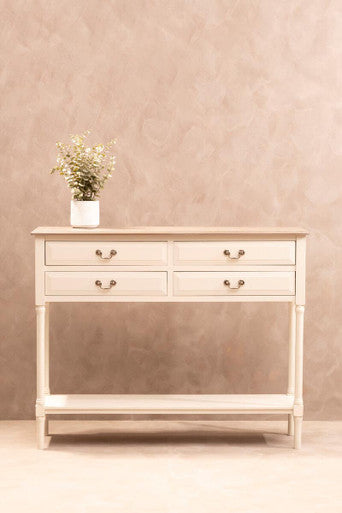 Natural Wooden Frame and White 4 Drawer Wooden Side Table with Lower Storage Shelf, Heritage