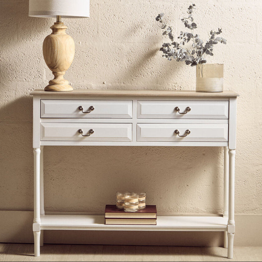 Natural Wooden Frame and White 4 Drawer Wooden Side Table with Lower Storage Shelf, Heritage