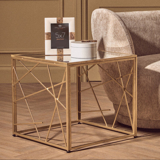Gold Finish Metal Frame Side Table with Mirror Top, Farran