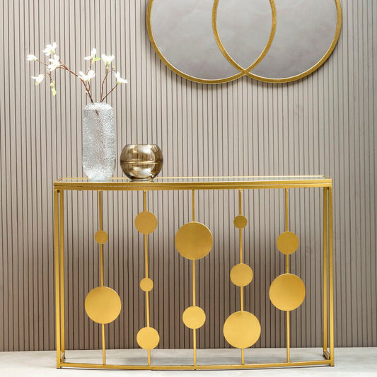 Champagne Gold Finish Metal Frame Console Table with Mirror Top, Farran