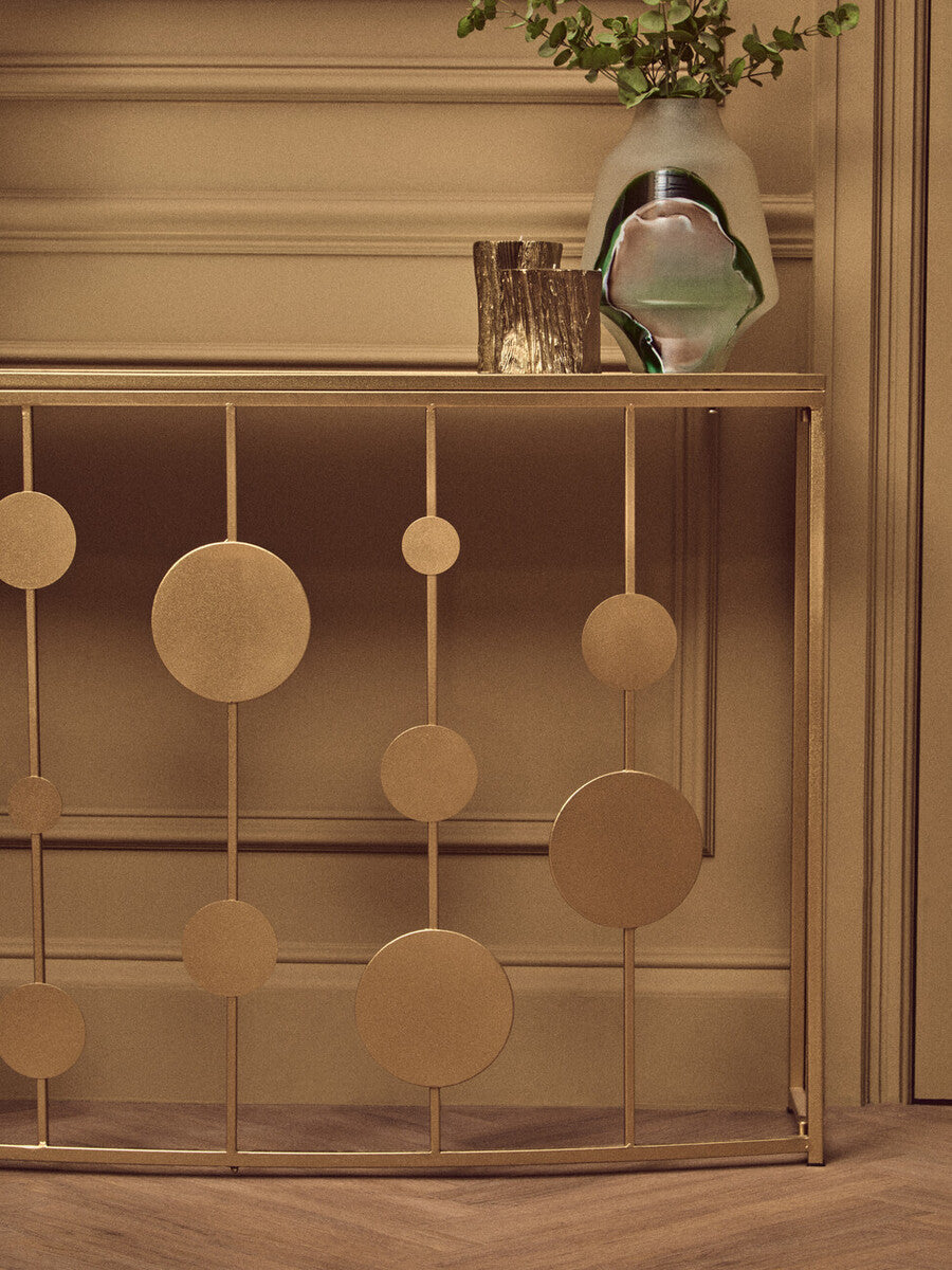 Champagne Gold Finish Metal Frame Console Table with Mirror Top, Farran