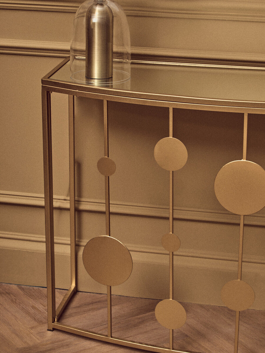 Champagne Gold Finish Metal Frame Console Table with Mirror Top, Farran