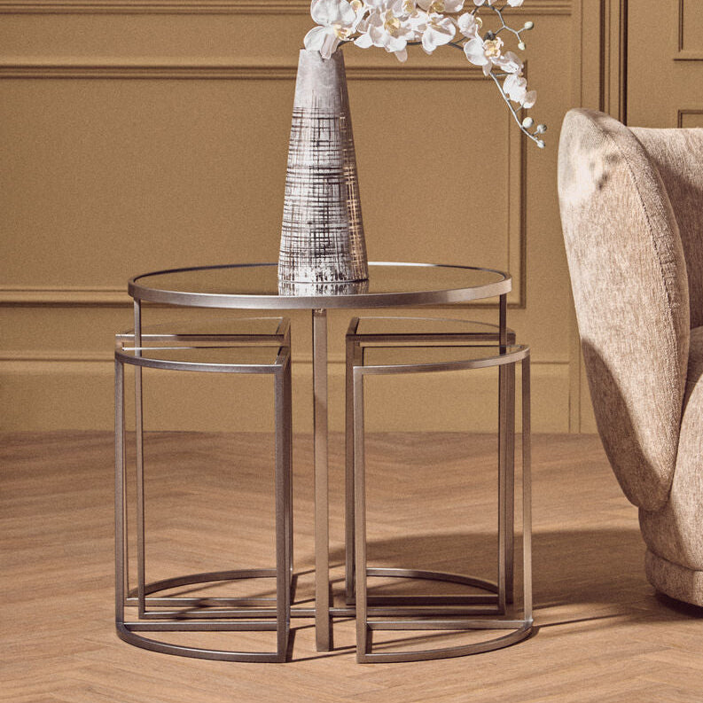 Set of 5 Glass Top Silver Finish Frame Nesting Tables with Geometric Design, Farran