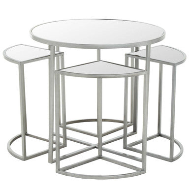 Set of 5 Glass Top Silver Finish Frame Nesting Tables with Geometric Design, Farran