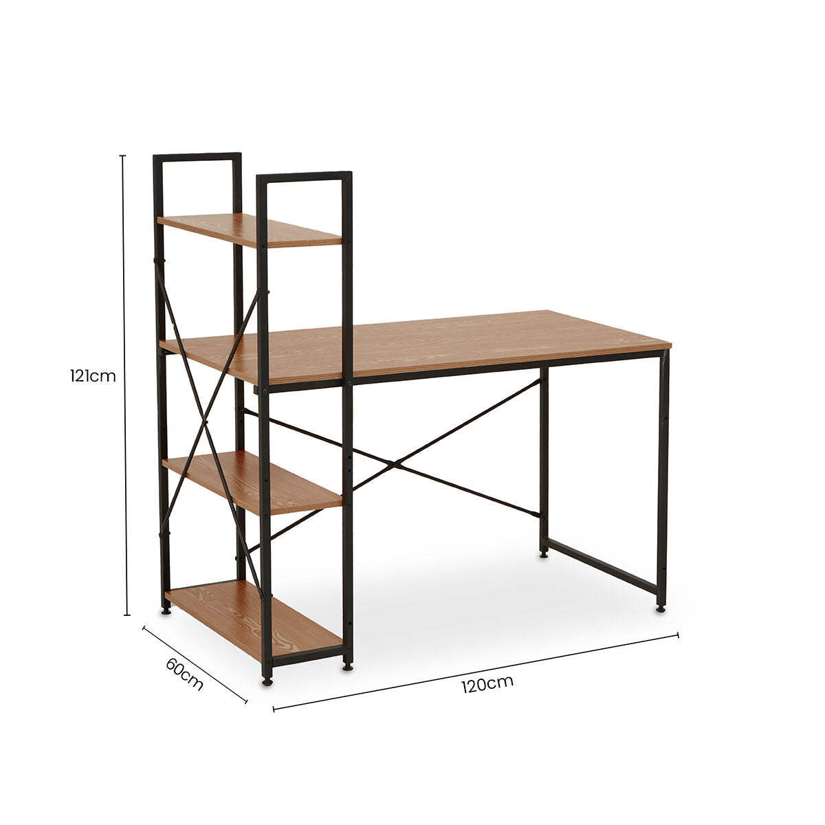 Wood Finish Desk with Shelves in Black Frame | Laxton