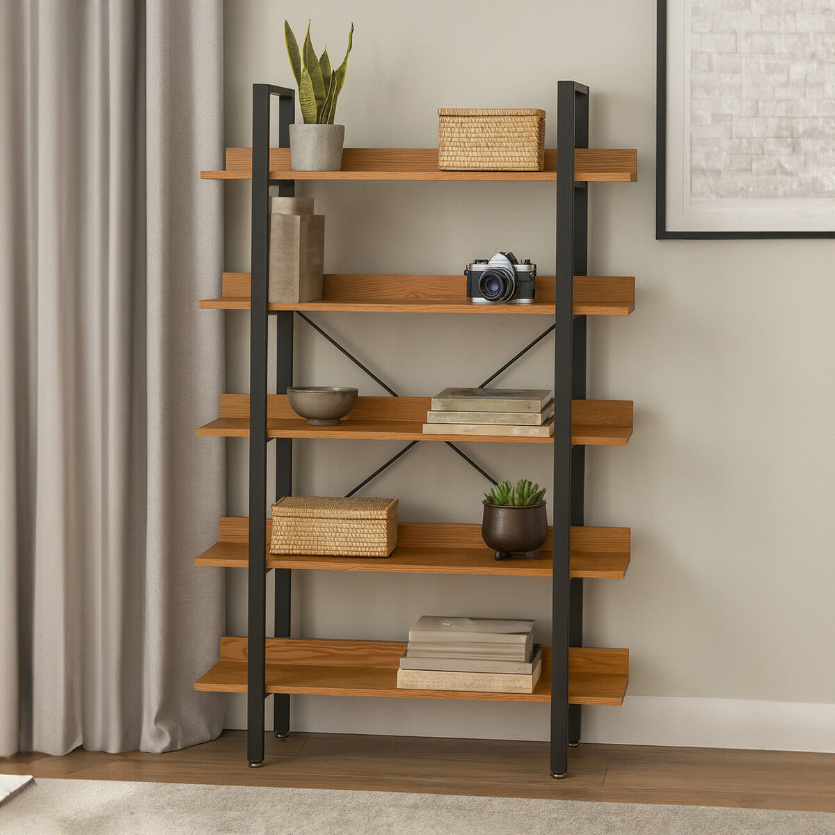 5 Tier Wood Finish Shelves and Black Frame Shelf Unit | Laxton