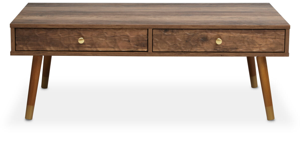 Brown Wood Veneer Coffee Table with 2 Drawers and Angular Wooden Legs, Frida