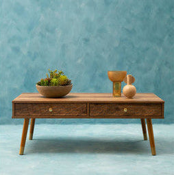 Brown Wood Veneer Coffee Table with 2 Drawers and Angular Wooden Legs, Frida