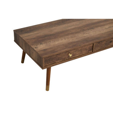 Brown Wood Veneer Coffee Table with 2 Drawers and Angular Wooden Legs, Frida