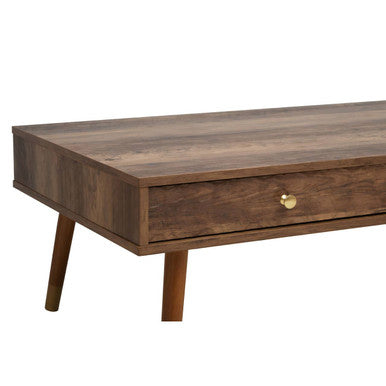 Brown Wood Veneer Coffee Table with 2 Drawers and Angular Wooden Legs, Frida