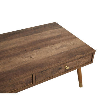 Brown Wood Veneer Coffee Table with 2 Drawers and Angular Wooden Legs, Frida