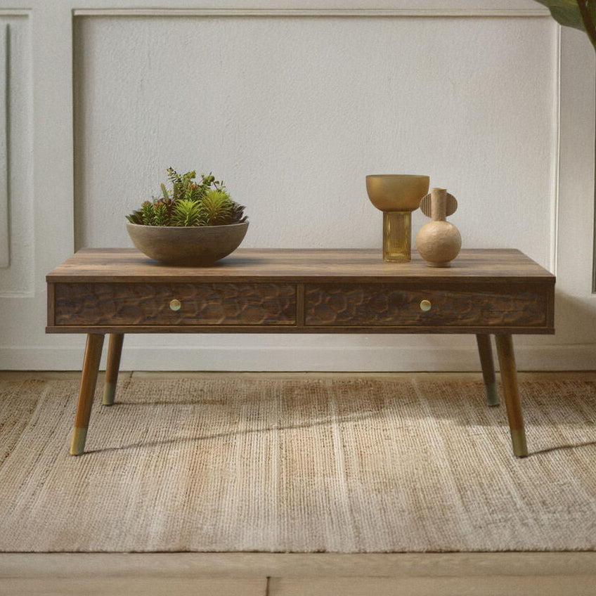 Brown Wood Veneer Coffee Table with 2 Drawers and Angular Wooden Legs | Frida