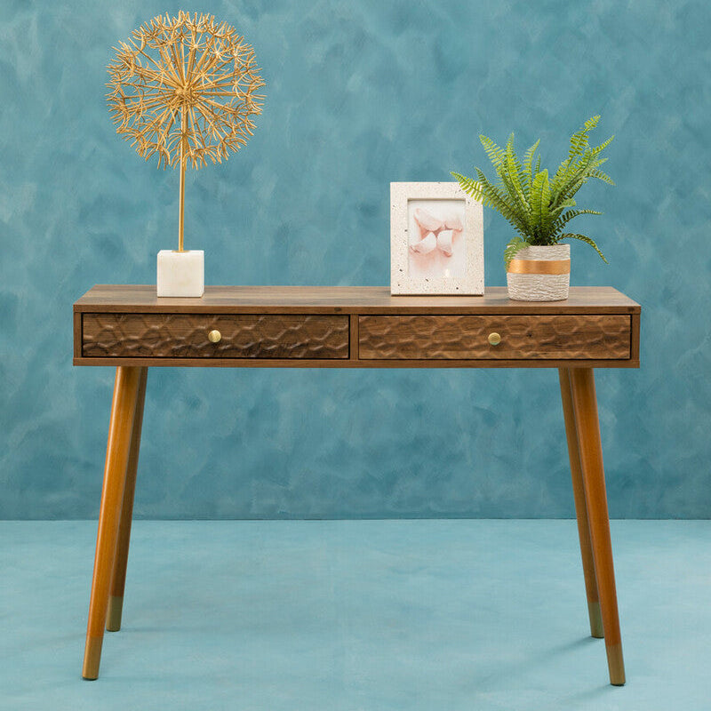 Brown Natural Wood Veneer Console Table with 2 Storage Drawers | Frida