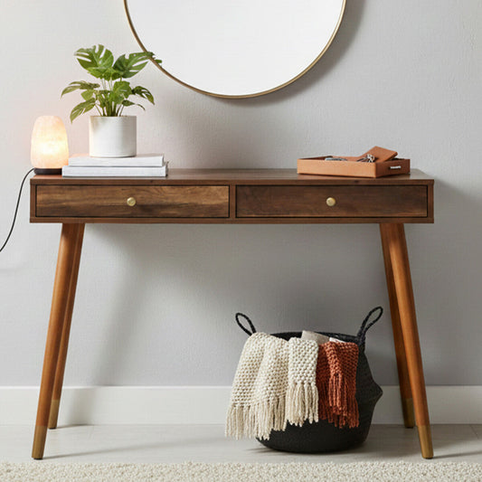 Brown Natural Wood Veneer Console Table with 2 Storage Drawers, Frida