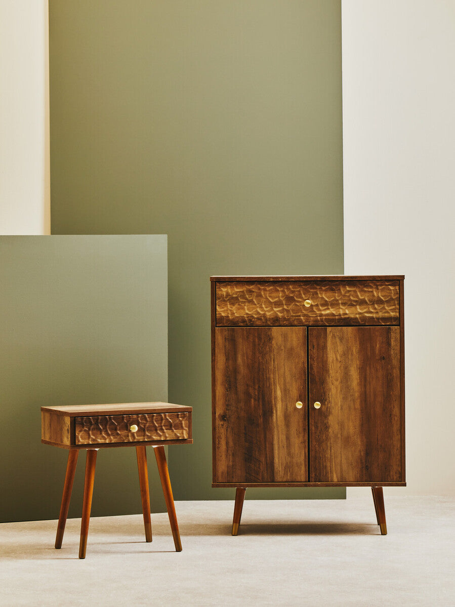 Natural Brown Wood Effect Bedside Table with 1 Drawer and Angular Legs | Frida