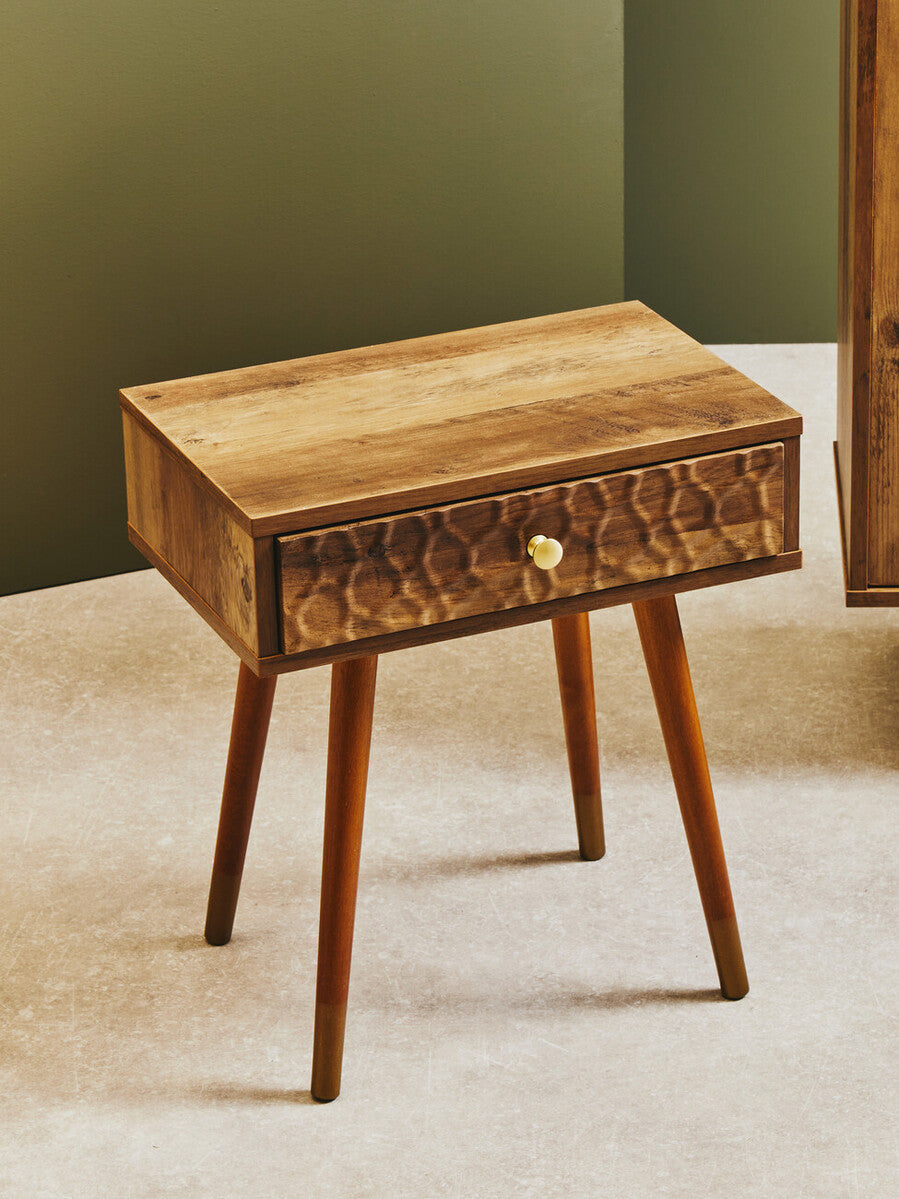 Natural Brown Wood Effect Bedside Table with 1 Drawer and Angular Legs | Frida