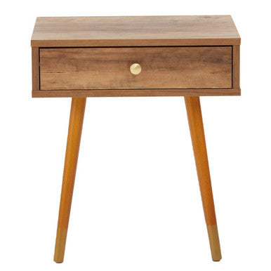 Natural Brown Wood Effect Bedside Table with 1 Drawer and Angular Legs | Frida