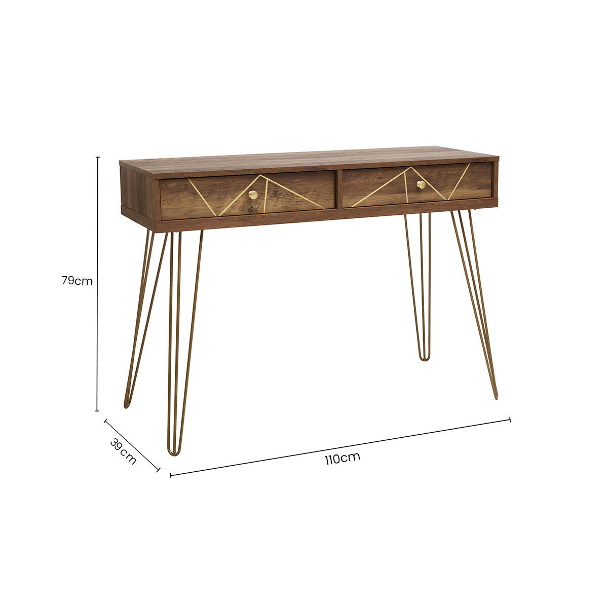 Wood Effect Console Table with 2 Storage Drawers and Hairpin Metal Legs, Flori