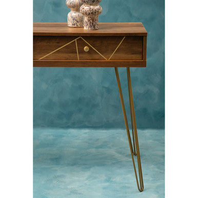 Wood Effect Console Table with 2 Storage Drawers and Hairpin Metal Legs, Flori