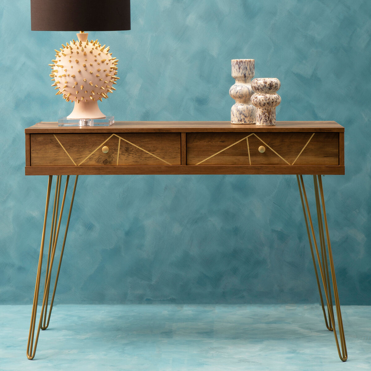 Wood Effect Console Table with 2 Storage Drawers and Hairpin Metal Legs, Flori