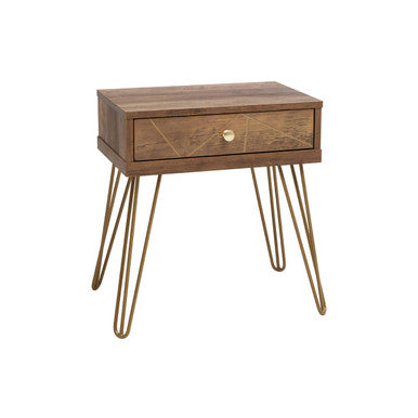 Brown Wood Top 1-Drawer Side Table with Hairpin Legs, Flori