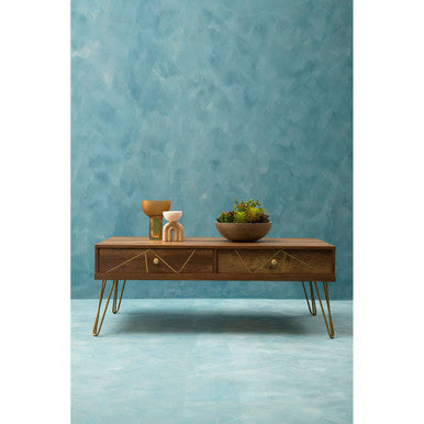 Brown Wood Top 2-Drawer Coffee Table with Hairpin Legs | Flori
