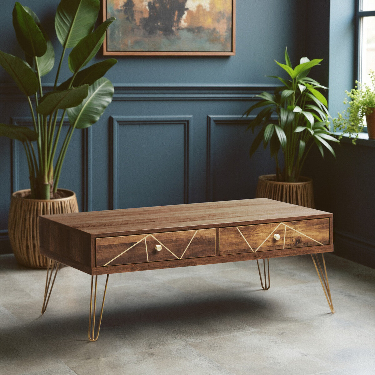 Brown Wood Top 2-Drawer Coffee Table with Hairpin Legs | Flori