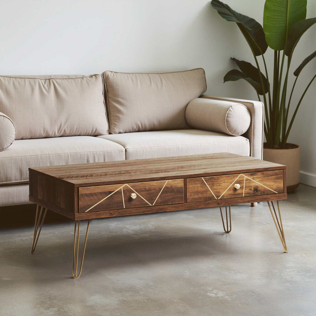 Brown Wood Top 2-Drawer Coffee Table with Hairpin Legs | Flori